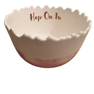Arlington Designs Ceramic "Hop‎ On In" Bowl Pink Speckled Rimmed Easter Dish